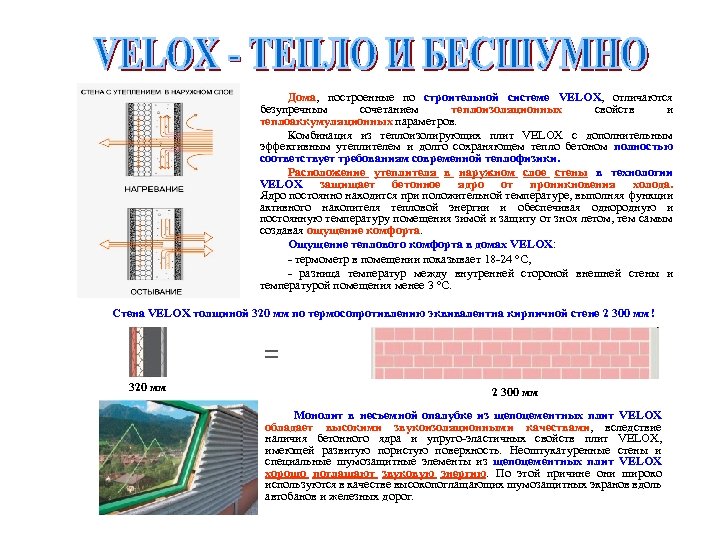 Дома, построенные по строительной системе VELOX, отличаются безупречным сочетанием теплоизоляционных свойств и теплоаккумуляционных параметров.