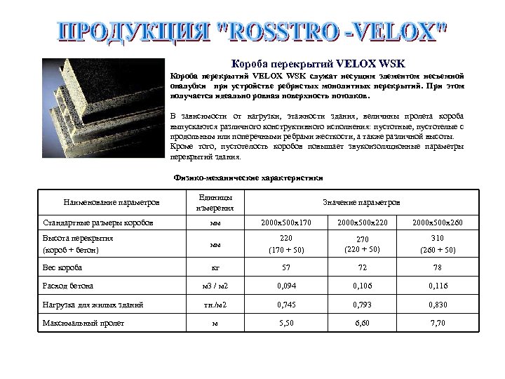Короба перекрытий VELOX WSK служат несущим элементом несъемной опалубки при устройстве ребристых монолитных перекрытий.