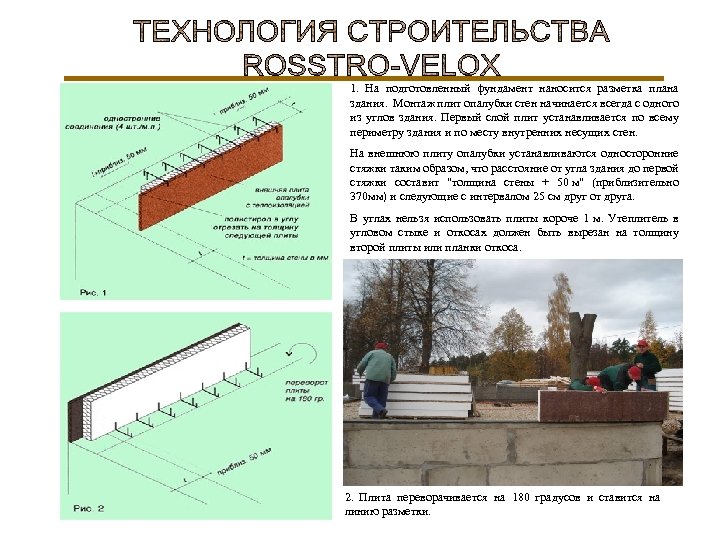 1. На подготовленный фундамент наносится разметка плана здания. Монтаж плит опалубки стен начинается всегда