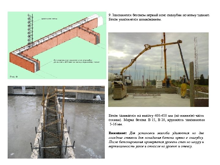 9. Заполняется бетоном первый пояс опалубки по всему зданию. Бетон уплотняется штыкованием. Бетон заливается