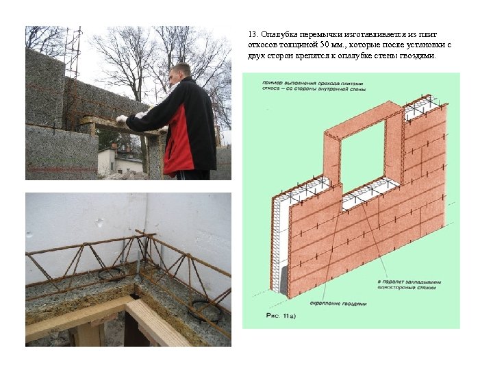 13. Опалубка перемычки изготавливается из плит откосов толщиной 50 мм. , которые после установки