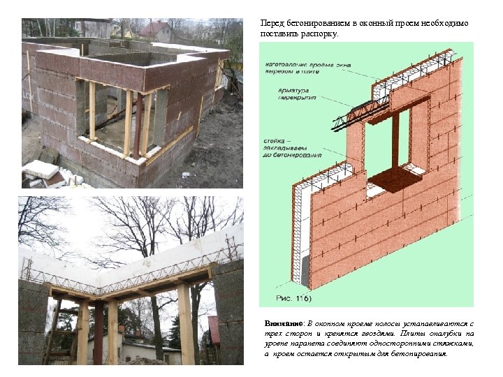 Перед бетонированием в оконный проем необходимо поставить распорку. Внимание: В оконном проеме полосы устанавливаются