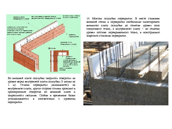14. Монтаж опалубки перекрытия. В месте стыковки внешней стены и перекрытия необходимо смонтировать внешнюю
