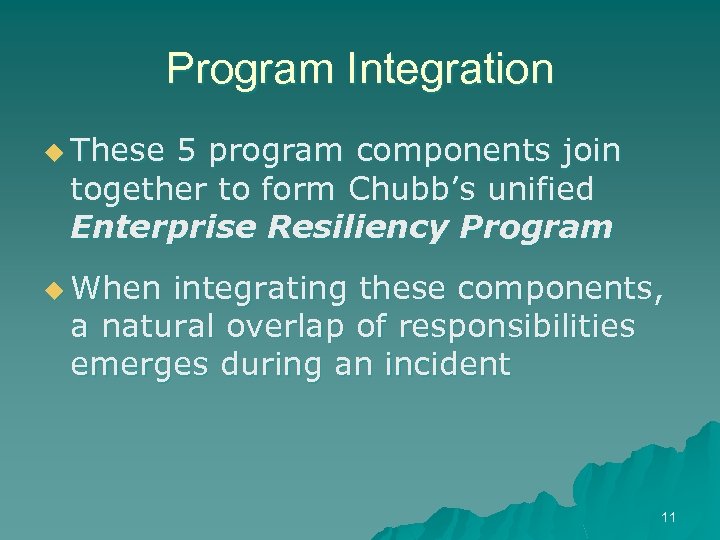 Program Integration u These 5 program components join together to form Chubb’s unified Enterprise