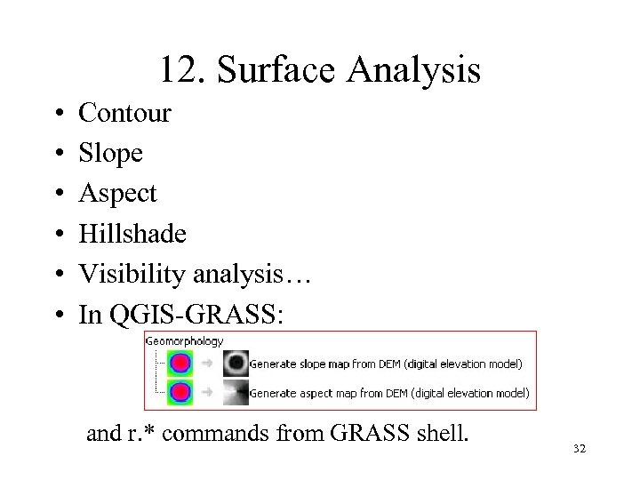 12. Surface Analysis • • • Contour Slope Aspect Hillshade Visibility analysis… In QGIS-GRASS: