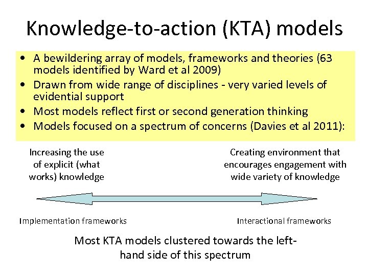 Knowledge-to-action (KTA) models • A bewildering array of models, frameworks and theories (63 models