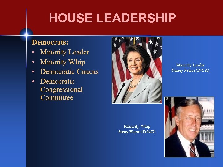 HOUSE LEADERSHIP Democrats: • Minority Leader • Minority Whip • Democratic Caucus • Democratic