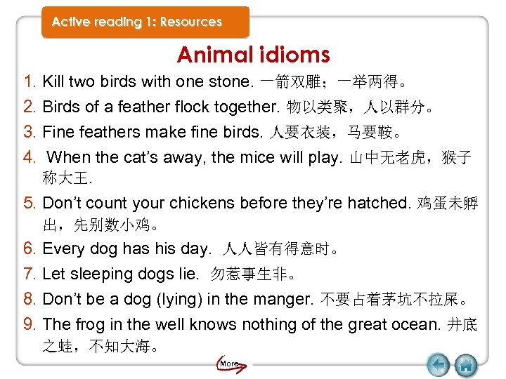 Active reading 1: Resources Animal idioms 1. Kill two birds with one stone. 一箭双雕；一举两得。