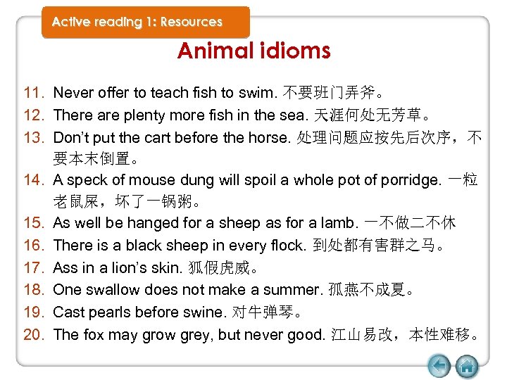 Active reading 1: Resources Animal idioms 11. Never offer to teach fish to swim.