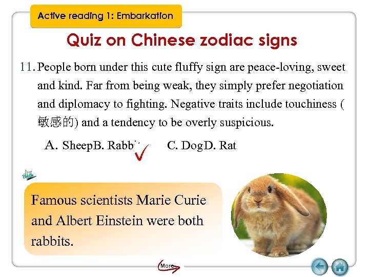 Active reading 1: Embarkation Quiz on Chinese zodiac signs 11. People born under this