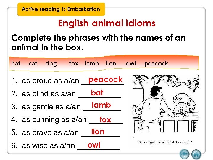 Active reading 1: Embarkation English animal idioms Complete the phrases with the names of