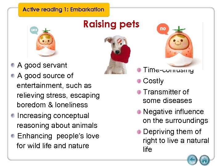 Active reading 1: Embarkation Raising pets A good servant A good source of entertainment,