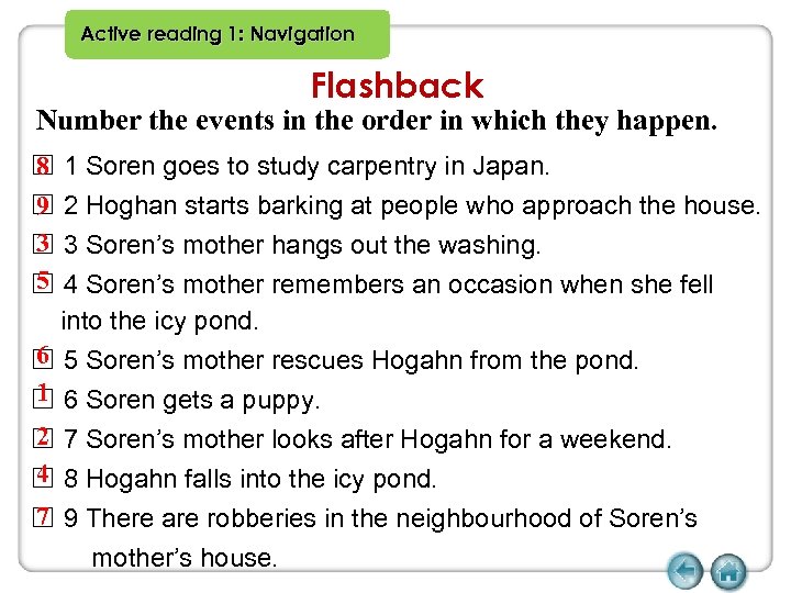 Active reading 1: Navigation Flashback Number the events in the order in which they