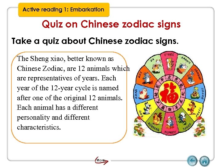Active reading 1: Embarkation Quiz on Chinese zodiac signs Take a quiz about Chinese