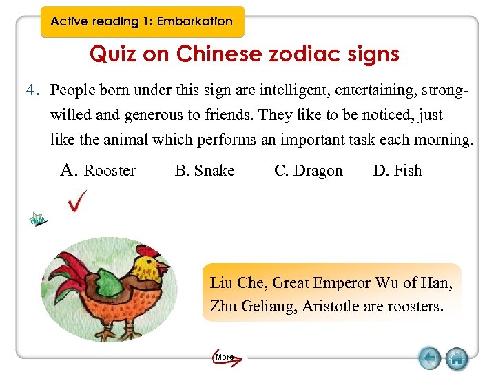Active reading 1: Embarkation Quiz on Chinese zodiac signs 4. People born under this