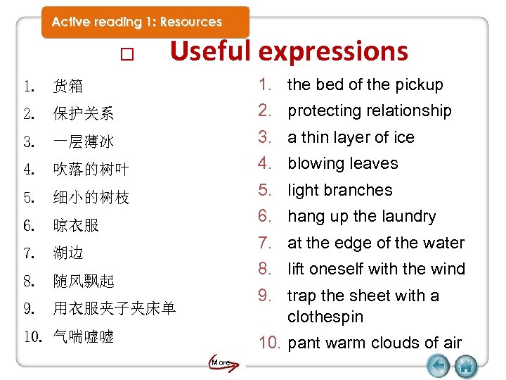 Active reading 1: Resources Useful expressions 1. 货箱 1. the bed of the pickup