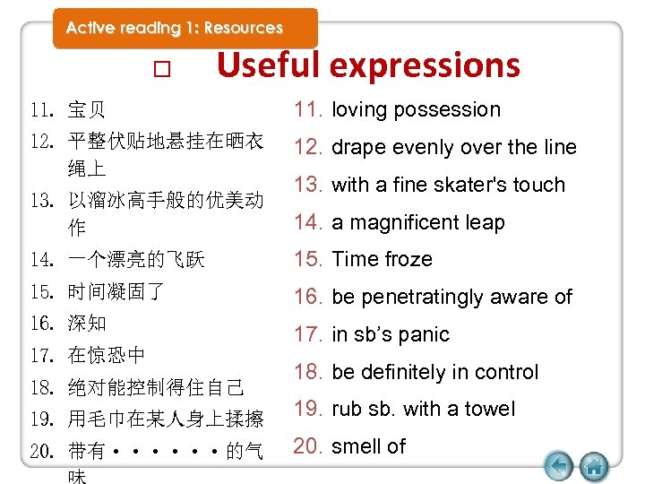 Active reading 1: Resources Useful expressions 11. 宝贝 11. loving possession 12. 平整伏贴地悬挂在晒衣 绳上