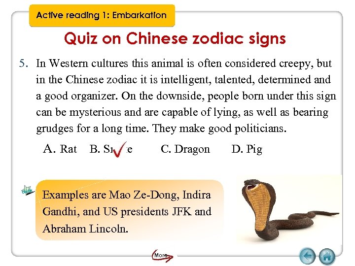 Active reading 1: Embarkation Quiz on Chinese zodiac signs 5. In Western cultures this