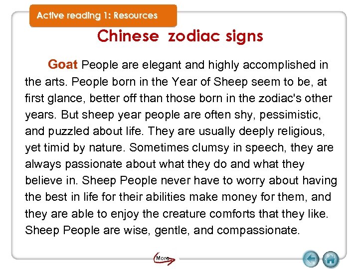 Active reading 1: Resources Chinese zodiac signs Goat People are elegant and highly accomplished