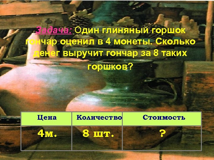 Задача: Один глиняный горшок гончар оценил в 4 монеты. Сколько денег выручит гончар за