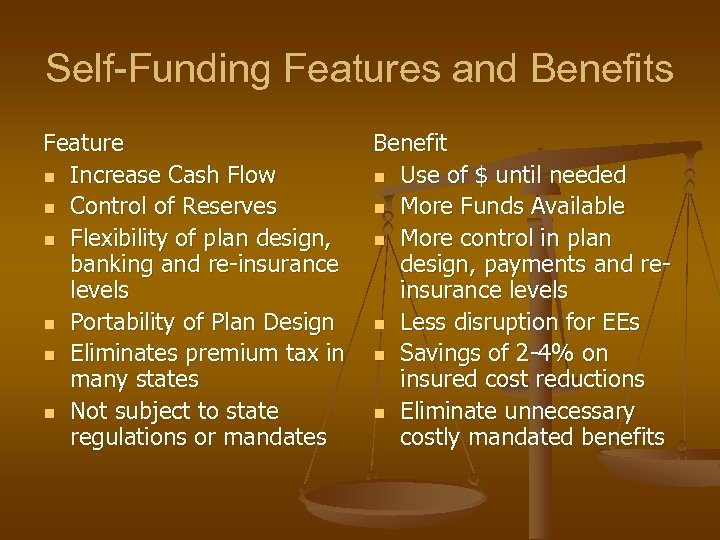 Self-Funding Features and Benefits Feature n Increase Cash Flow n Control of Reserves n