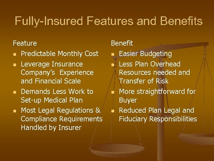 Fully-Insured Features and Benefits Feature n Predictable Monthly Cost n Leverage Insurance Company’s Experience