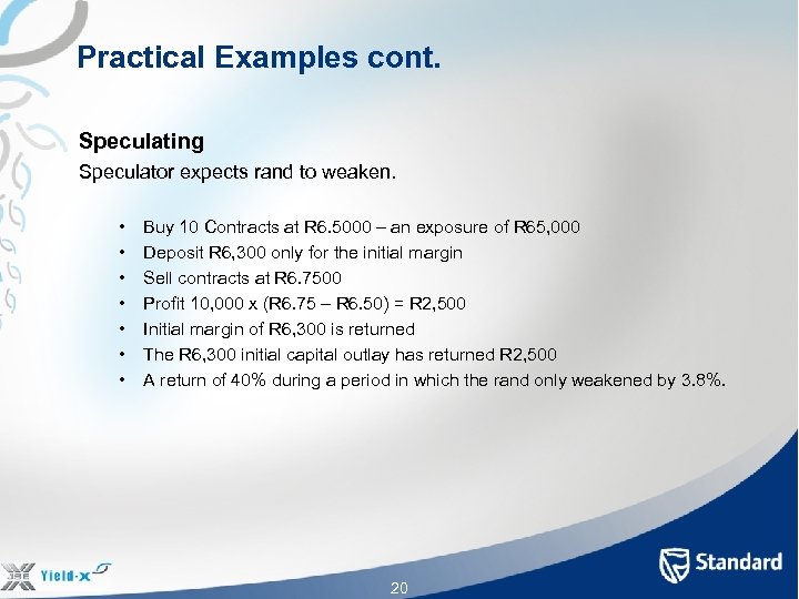 Practical Examples cont. Speculating Speculator expects rand to weaken. • • Buy 10 Contracts