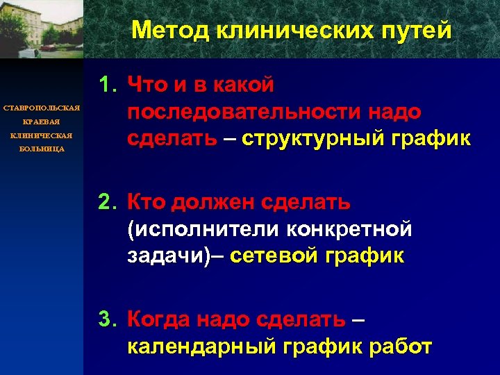 Метод клинических путей СТАВРОПОЛЬСКАЯ КРАЕВАЯ КЛИНИЧЕСКАЯ БОЛЬНИЦА 1. Что и в какой последовательности надо