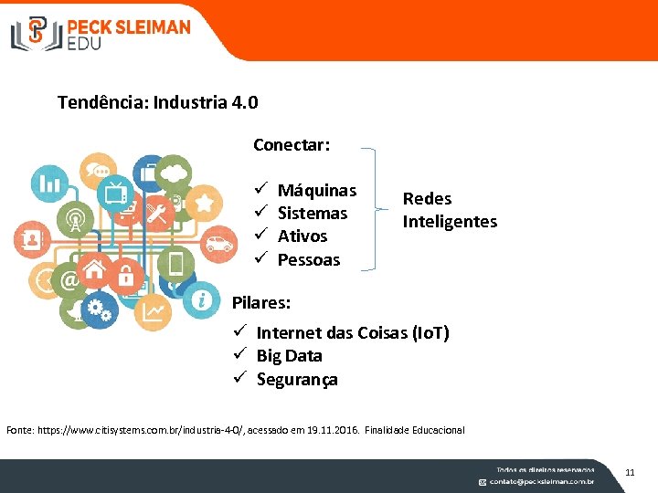 Tendência: Industria 4. 0 Conectar: ü ü Máquinas Sistemas Ativos Pessoas Redes Inteligentes Pilares: