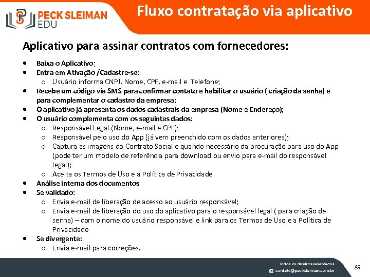 Fluxo contratação via aplicativo Aplicativo para assinar contratos com fornecedores: Baixa o Aplicativo; Entra