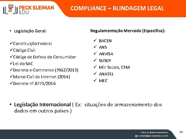 COMPLIANCE – BLINDAGEM LEGAL • Legislação Geral: üConstituição Federal üCódigo Civil üCódigo de Defesa