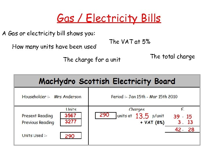 Gas / Electricity Bills A Gas or electricity bill shows you: How many units