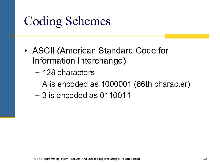 Coding Schemes • ASCII (American Standard Code for Information Interchange) − 128 characters −