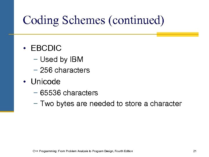 Coding Schemes (continued) • EBCDIC − Used by IBM − 256 characters • Unicode