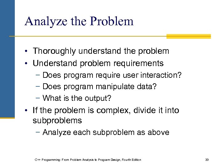 Analyze the Problem • Thoroughly understand the problem • Understand problem requirements − Does