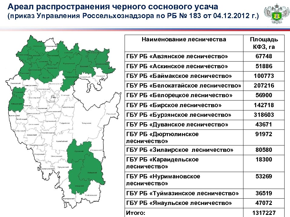 Ареал распространения черного соснового усача (приказ Управления Россельхознадзора по РБ № 183 от 04.