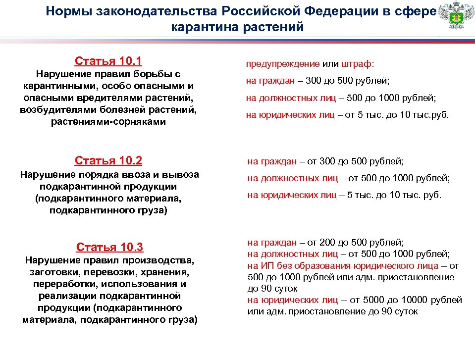  Нормы законодательства Российской Федерации в сфере карантина растений Статья 10. 1 Нарушение правил