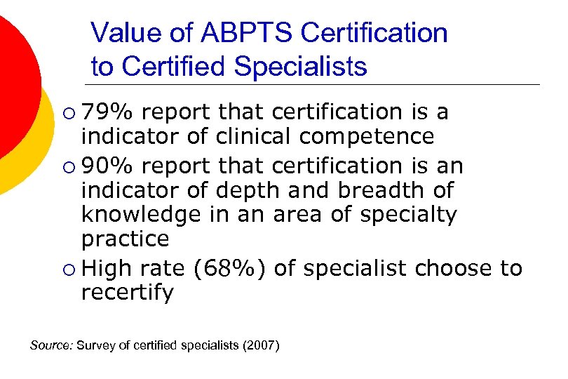 Value of ABPTS Certification to Certified Specialists ¡ 79% report that certification is a