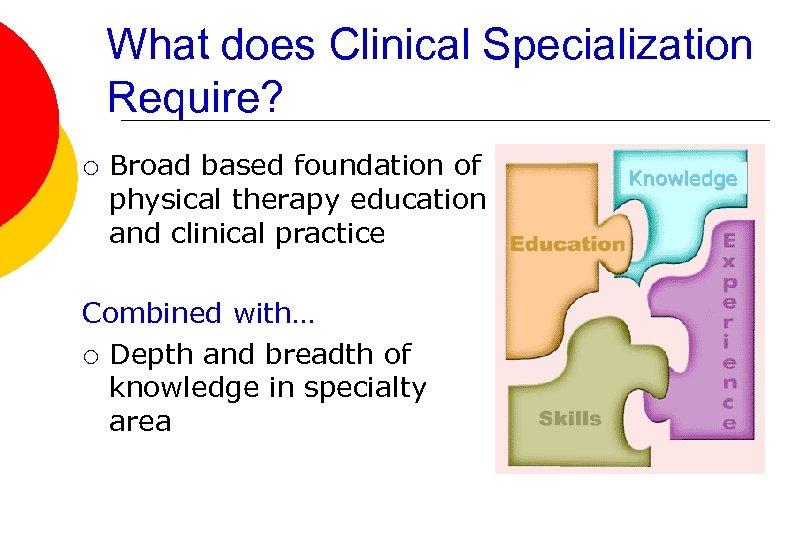 What does Clinical Specialization Require? ¡ Broad based foundation of physical therapy education and