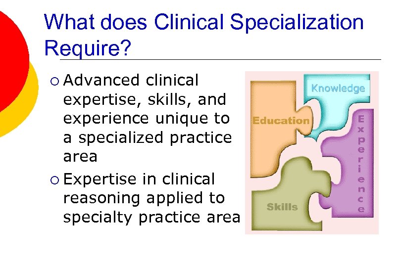 What does Clinical Specialization Require? ¡ Advanced clinical expertise, skills, and experience unique to