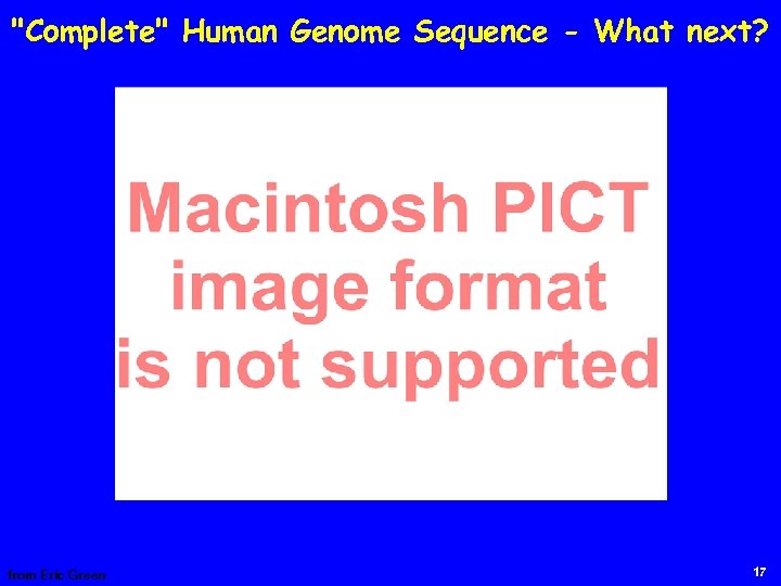 "Complete" Human Genome Sequence - What next? from Eric Green 17 
