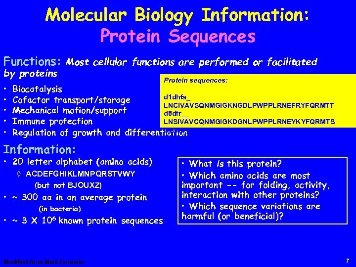Molecular Biology Information: Protein Sequences Functions: Most cellular functions are performed or facilitated by