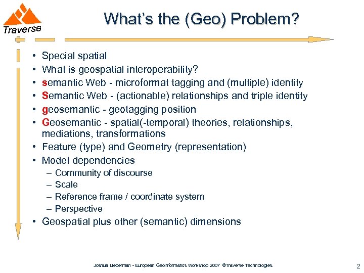 What’s the (Geo) Problem? • • • Special spatial What is geospatial interoperability? semantic