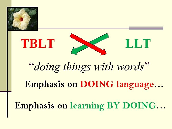 TBLT LLT “doing things with words” Emphasis on DOING language… Emphasis on learning BY