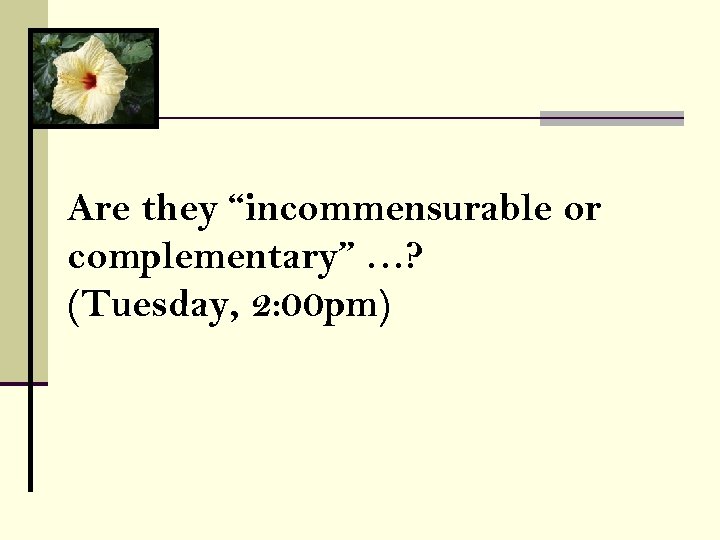 Are they “incommensurable or complementary” …? (Tuesday, 2: 00 pm) 