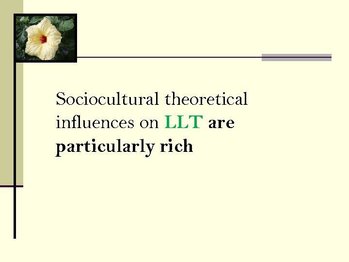 Sociocultural theoretical influences on LLT are particularly rich 