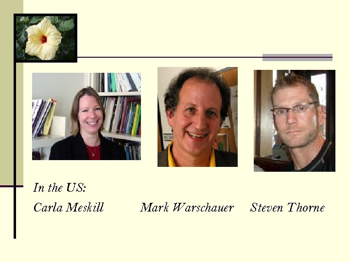 In the US: Carla Meskill Mark Warschauer Steven Thorne 