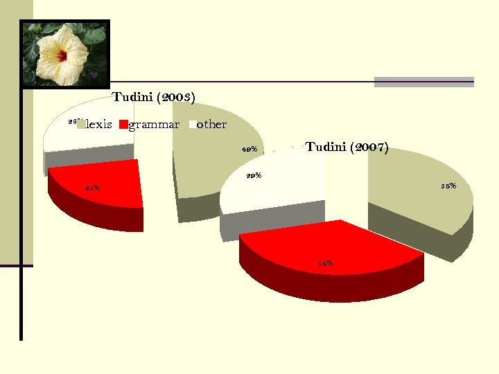 Tudini (2003) 28% lexis grammar other 49% Tudini (2007) 29% 35% 23% 35% 