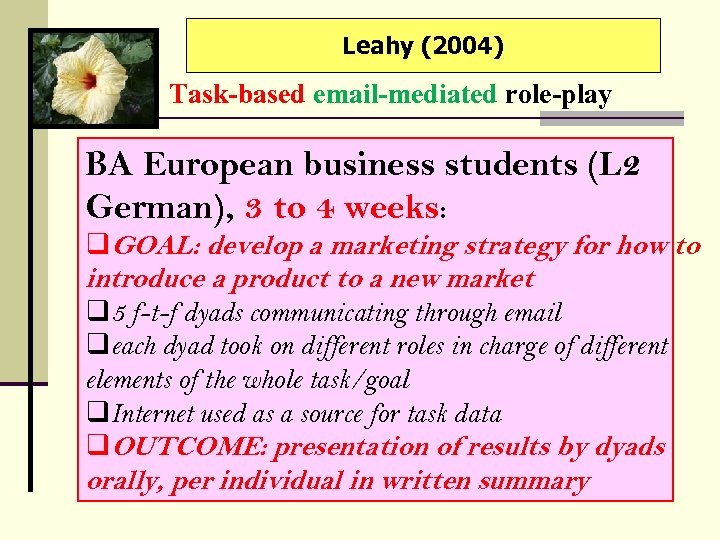 Leahy (2004) Task-based email-mediated role-play BA European business students (L 2 German), 3 to