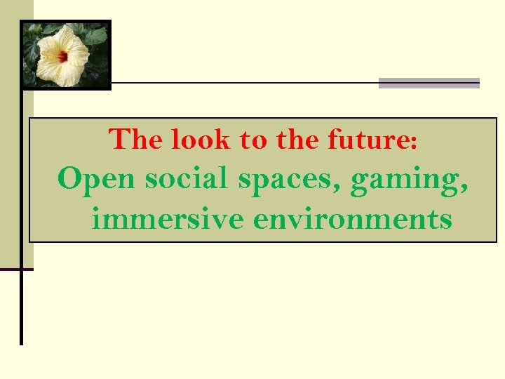 The look to the future: Open social spaces, gaming, immersive environments 